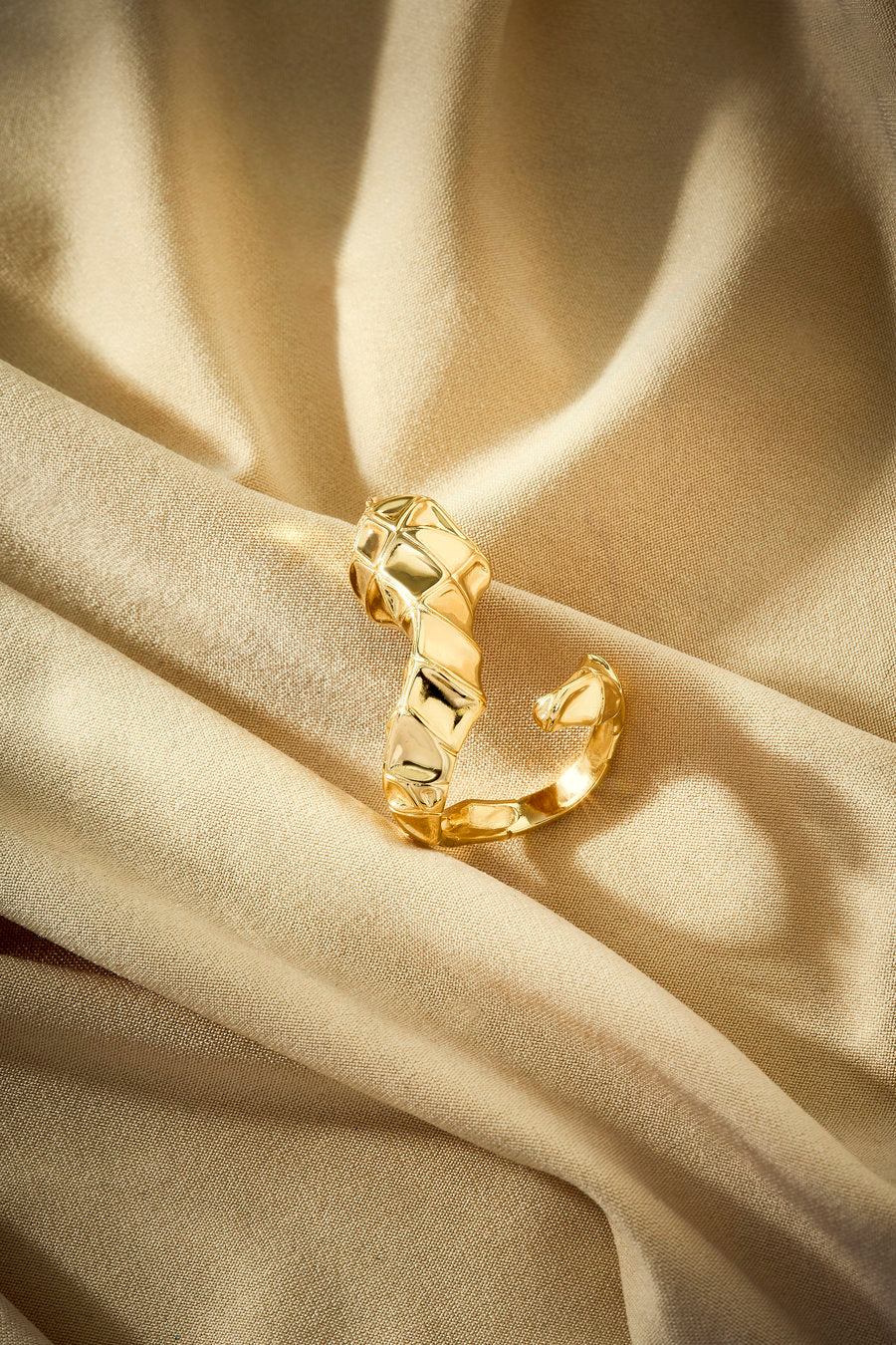 Geometric gold ring with intertwined design and elegant look.