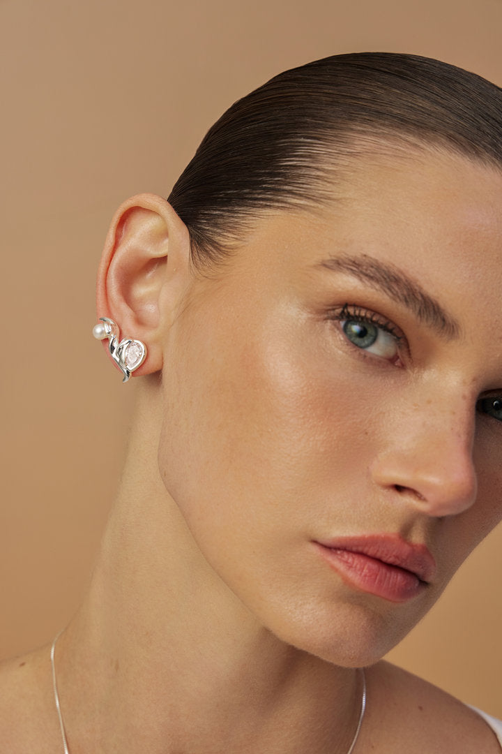 Audrey white gold earrings – soft curves, Austrian crystal, and pearl – classic, timeless style