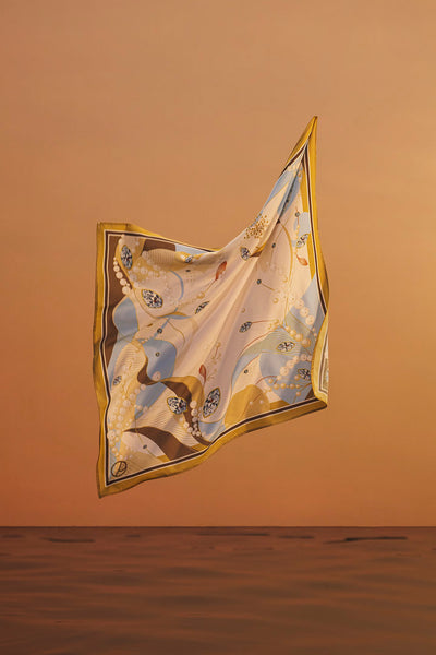 Golden Age silk satin scarf – pearls and crystals print – timeless elegance.