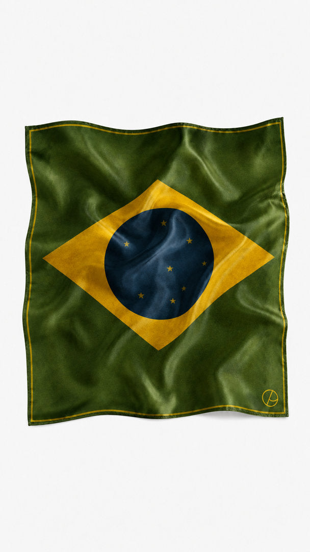 Brazilian-inspired scarf with green background, golden border and symbolic national colors.