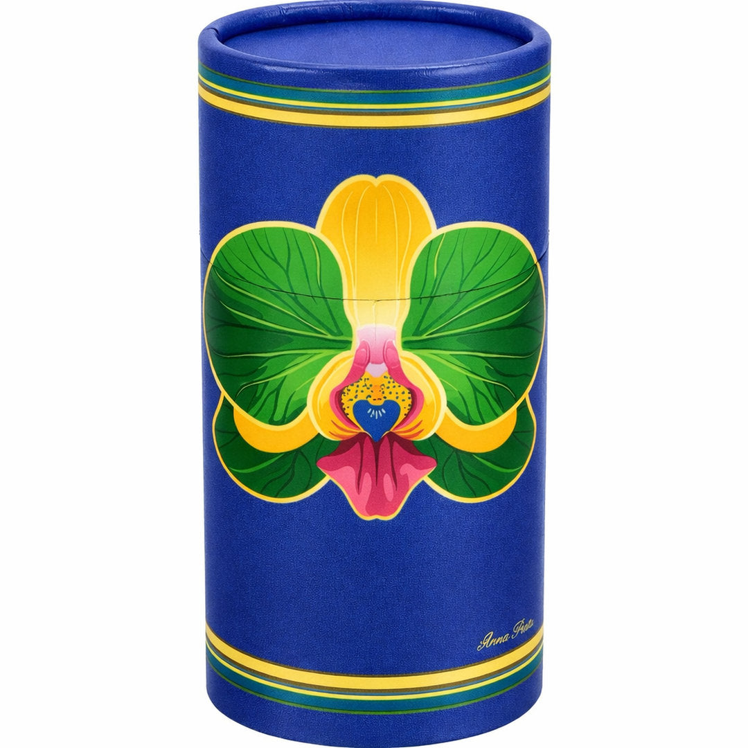 Tropicália scarf with a print of orchids, green foliage and vibrant blue in a tropical composition.